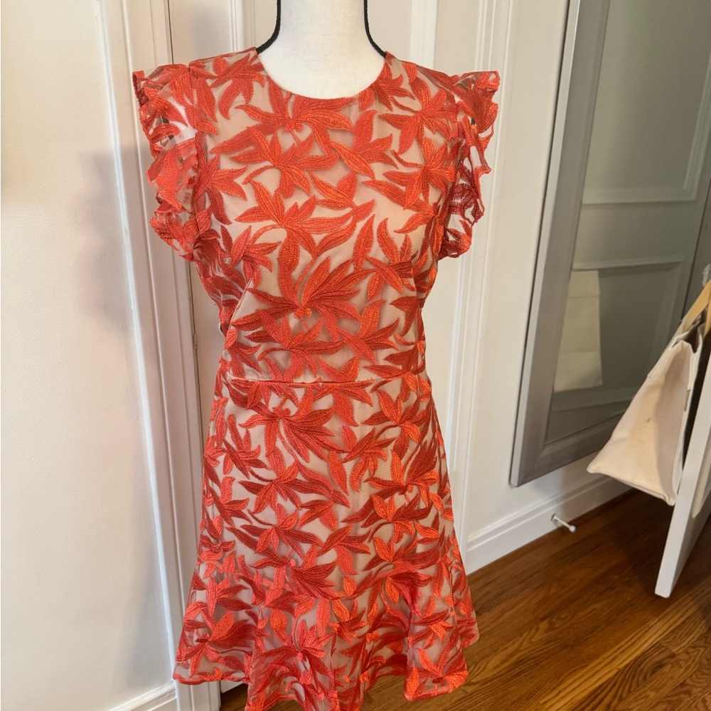 Sam Edelman lace overlay bright coral-orange cocktail dress